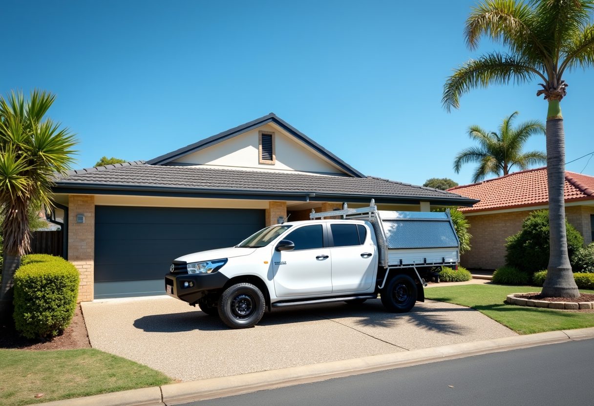 Technician ute in a driveway with a new garage door — Lutwyche